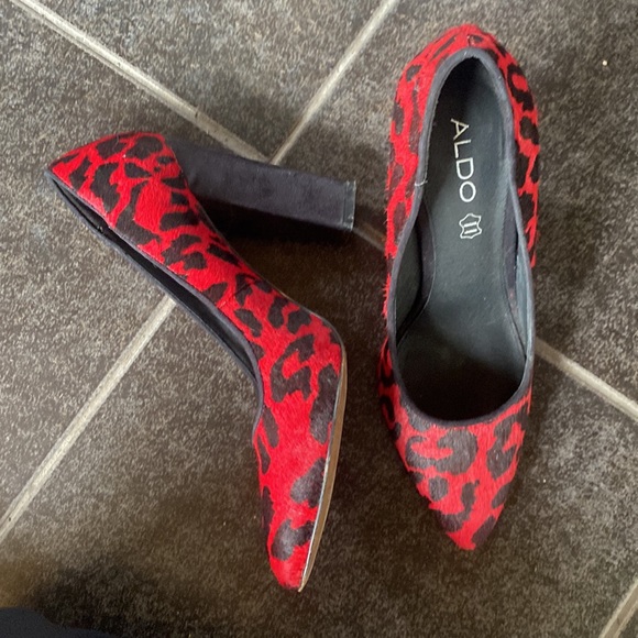 Genuine Leather Red Mohair Leopard Print High Heels - Picture 2 of 6